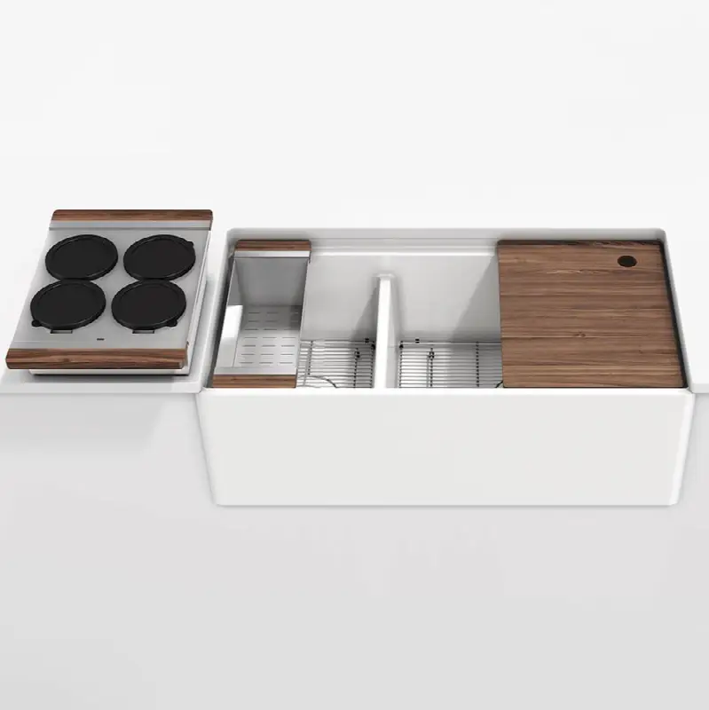 Fira Und. Apronfront Set, Double Bowl, Ledge, Walnut acc. 36x19x11-1/2