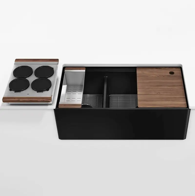 Fira und. flat apronfront set, Double unequal bowl, Walnut acc. 36X19X11-1/2, Matte black