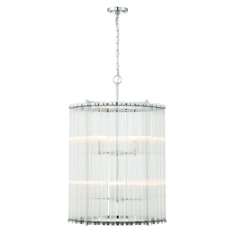 Glasbury, Chandelier, 8-Light, 27", Polished Nickel, Ribbed Glass