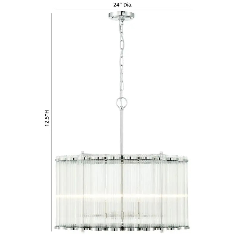 Glasbury, Chandelier, 6-Light, 24", Polished Nickel, Ribbed Glass