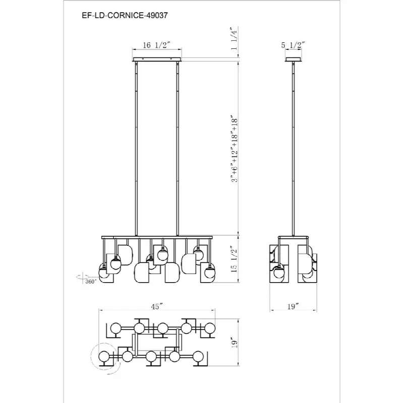 Cornice, Chandelier, 10-Light, 45", Gold-Black Mix, White Glass