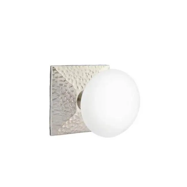 Emtek Passage Interior Mortise Set w/ Hammered Rosette & Ice White Porcelain Knob, Satin Nickel (RH)