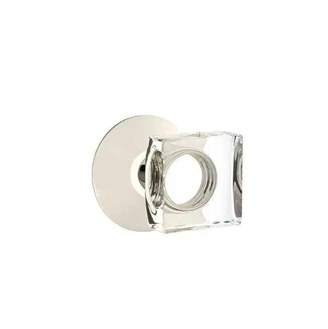 Emtek Passage Interior Mortise Set w/ Modern Rosette & Modern Square Glass Knob, Polished Nickel (RH)