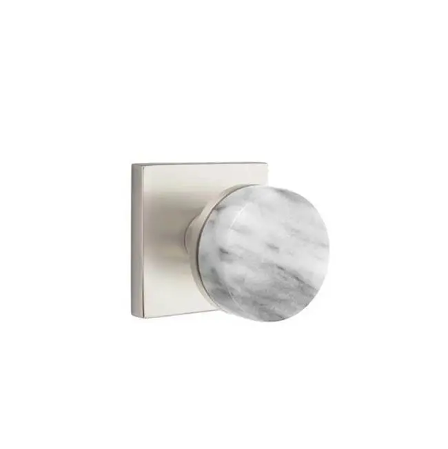 Emtek Select Passage Interior Mortise w/ Square Rosette & Conical Stem, White Marble Knob, Satin Nickel (RH)
