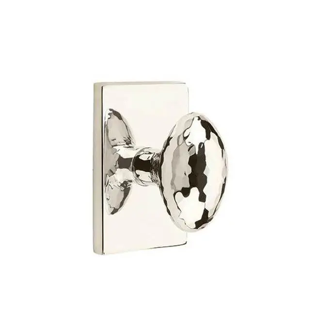 Emtek Passage Interior Mortise Set w/ Modern Rectangular Rosette & Hammered Egg Knob, Polished Nickel (LH)