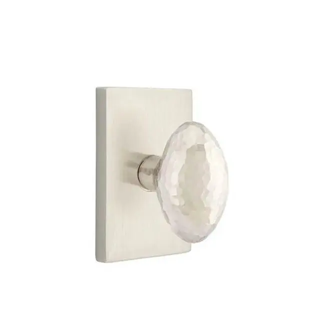 Emtek Passage Interior Mortise Set w/ Modern Rectangular Rosette & Hammered Egg Knob, Satin Nickel (LH)