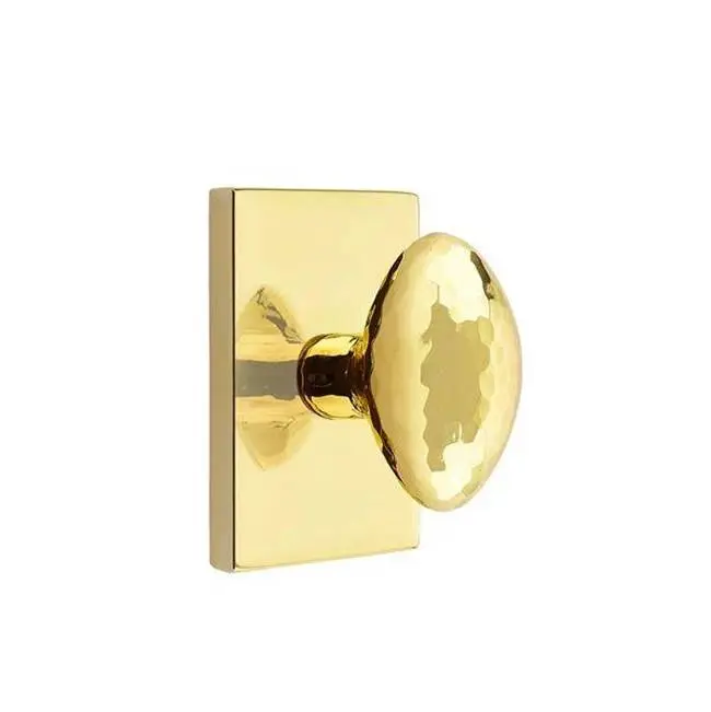 Emtek Passage Interior Mortise Set w/ Modern Rectangular Rosette & Hammered Egg Knob, Unlacquered Brass (RH)