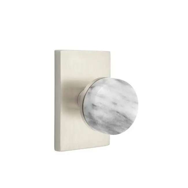 Emtek Select Passage Interior Mortise w/ Modern Rectangular Rosette & Conical Stem, White Marble Knob, Satin Nickel (RH)