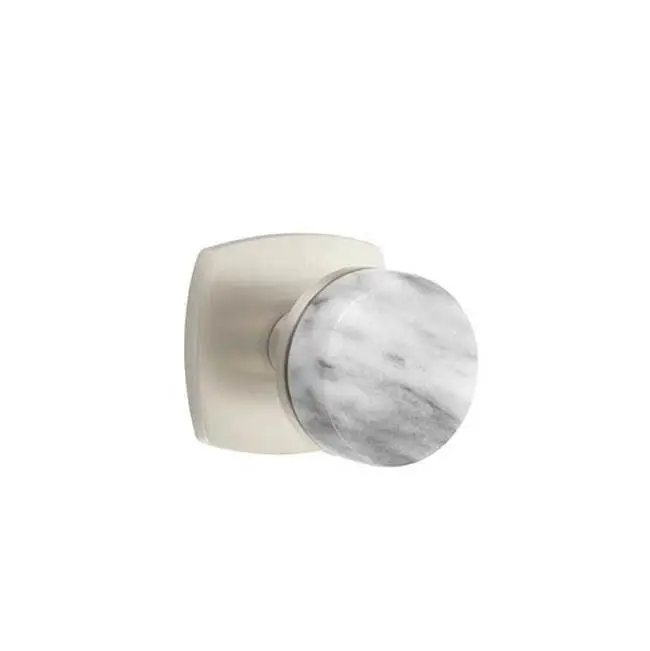 Emtek Select Passage Interior Mortise w/ Urban Modern Rosette & Conical Stem, White Marble Knob, Satin Nickel (RH)