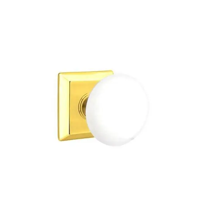 Emtek Privacy Interior Mortise Set w/ Quincy Rosette & Ice White Porcelain Knob, Unlacquered Brass (RH)