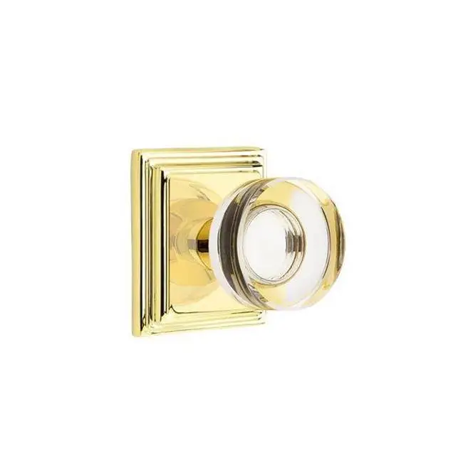 Emtek Privacy Interior Mortise Set w/ Wilshire Rosette & Modern Disc Glass Knob, Unlacquered Brass (RH)